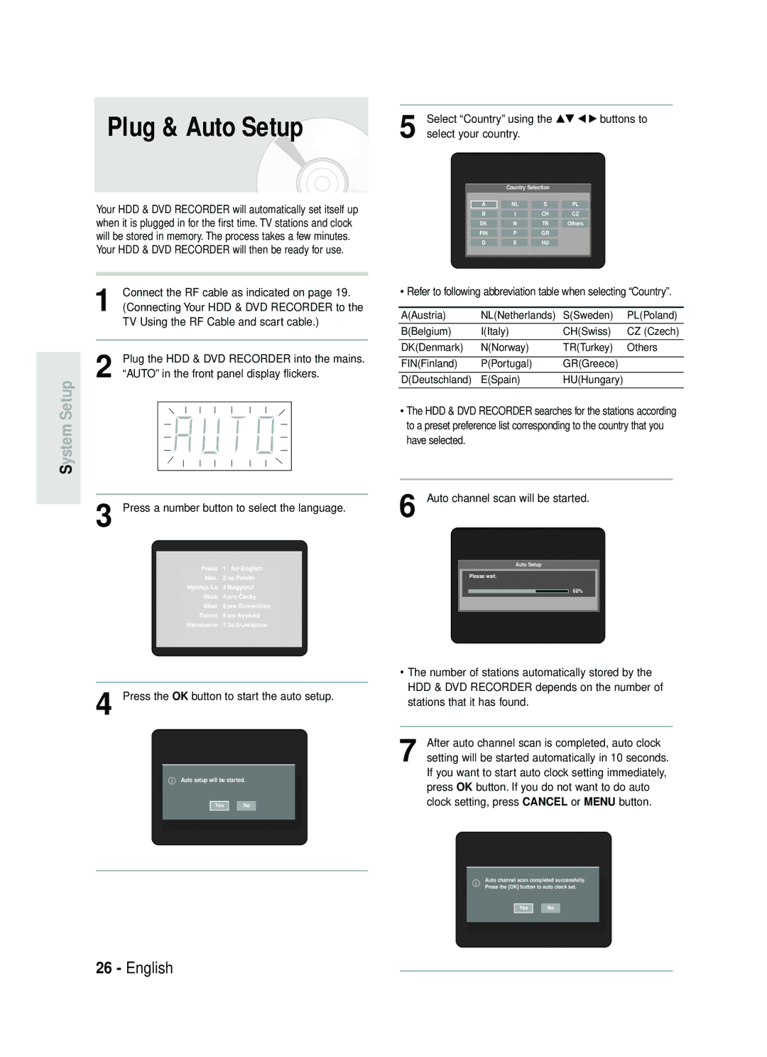 Samsung DVD-HR734/EUR, DVD-HR730/EUR Plug & Auto Setup, Press a number button to select the language, Select your country 