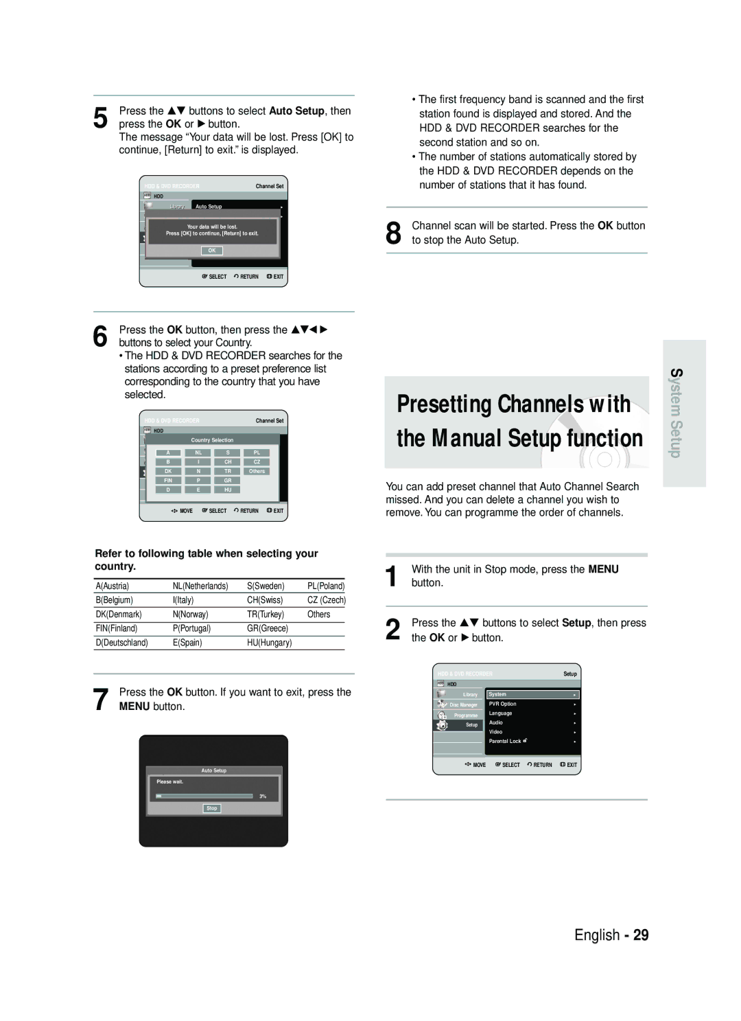 Samsung DVD-HR730/EUR, DVD-HR734/EUR manual Manual Setup function, Refer to following table when selecting your country 