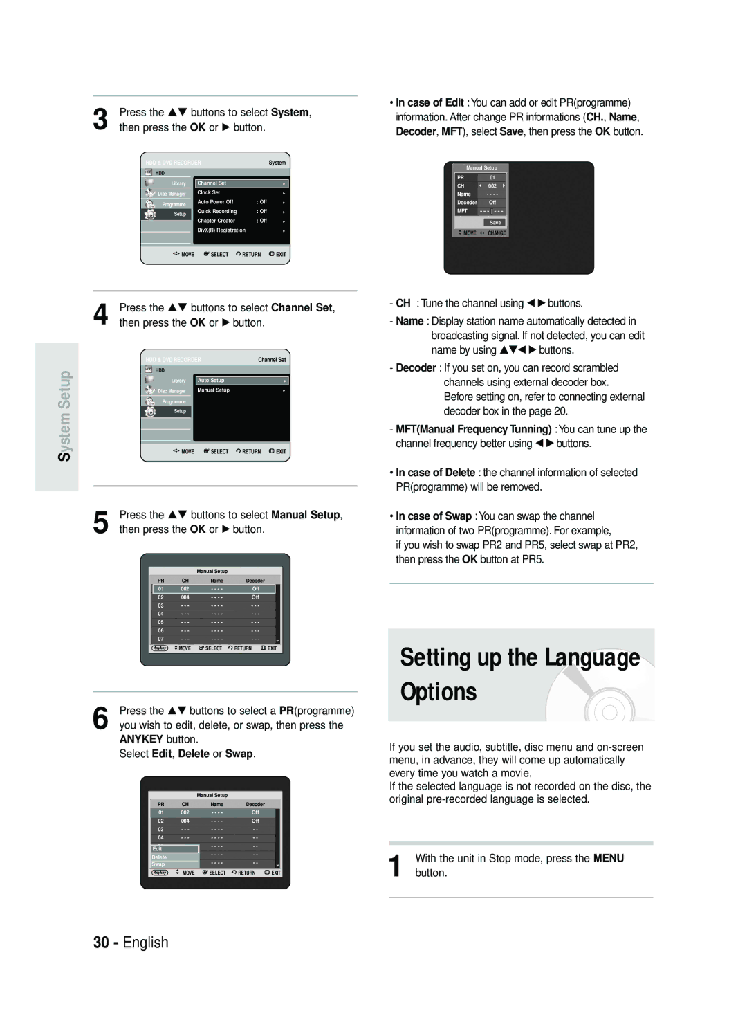 Samsung DVD-HR734/EUR manual Press the …† buttons to select Manual Setup, Press the …† buttons to select a PRprogramme 