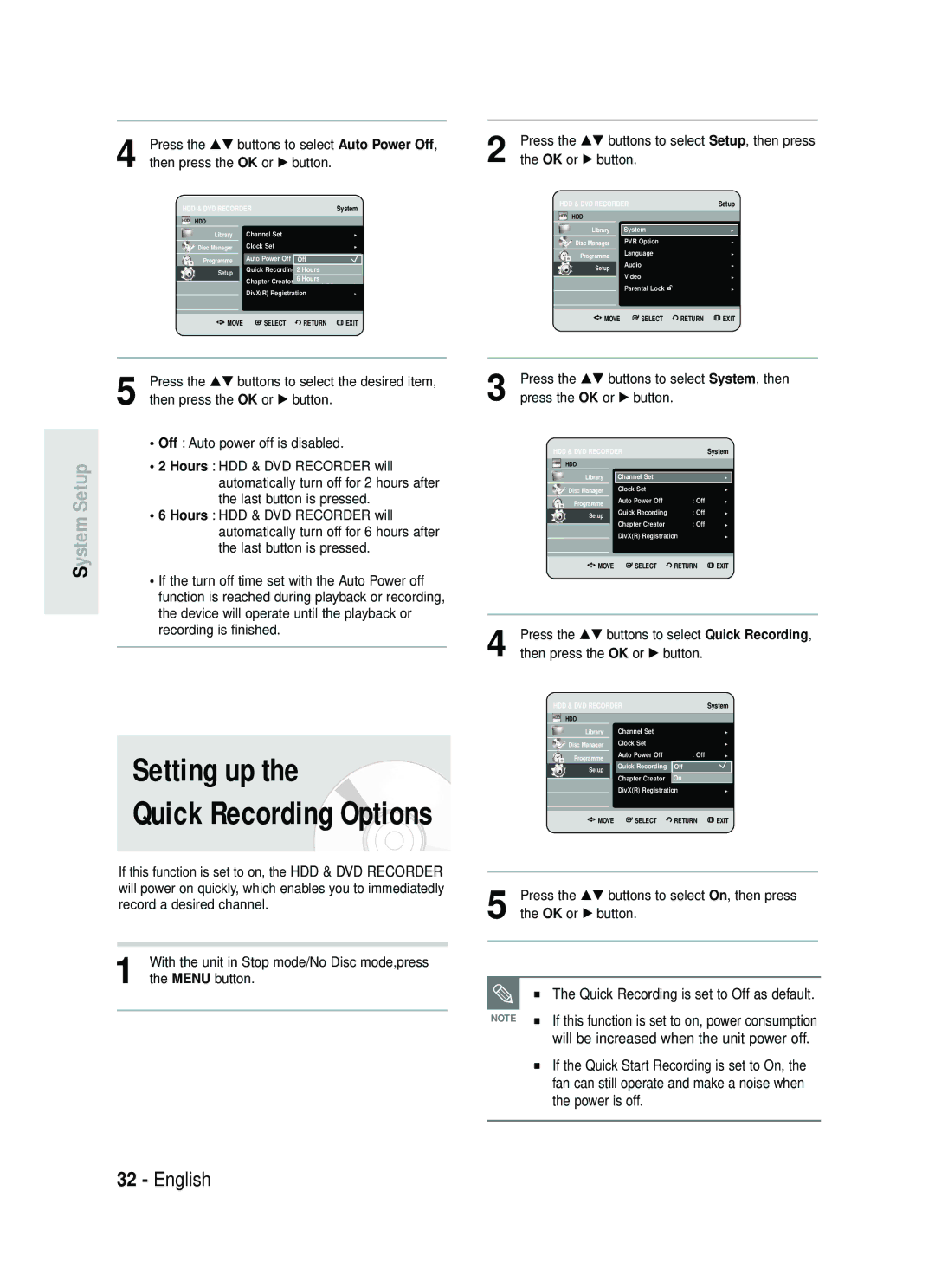 Samsung DVD-HR734/EUR, DVD-HR730/EUR Setting up, Press the …† buttons to select System, then, Press the OK or √ button 