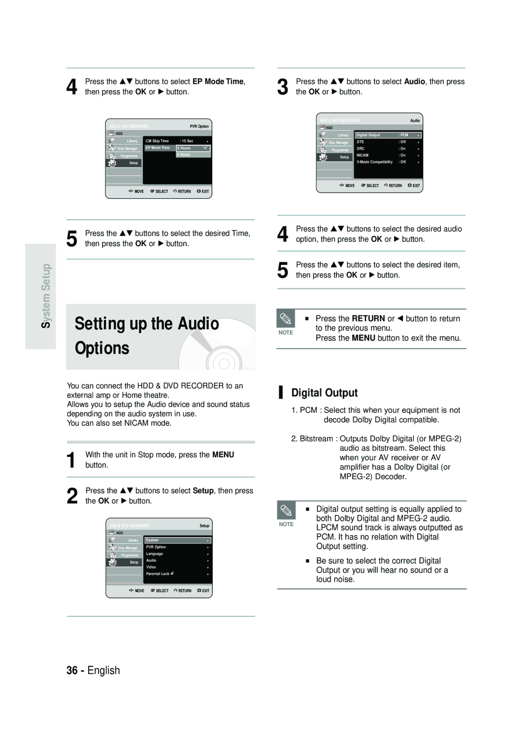 Samsung DVD-HR734/EUR, DVD-HR730/EUR manual Setting up the Audio, Options, Ystem Setup, Digital Output 