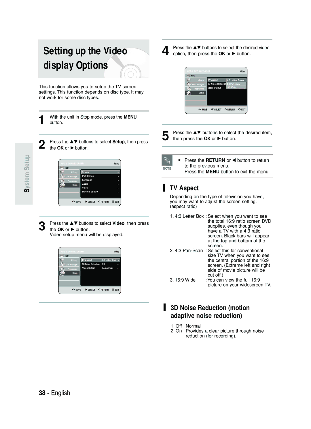 Samsung DVD-HR734/EUR, DVD-HR730/EUR manual Setup, Ystem, TV Aspect, 3D Noise Reduction motion adaptive noise reduction 