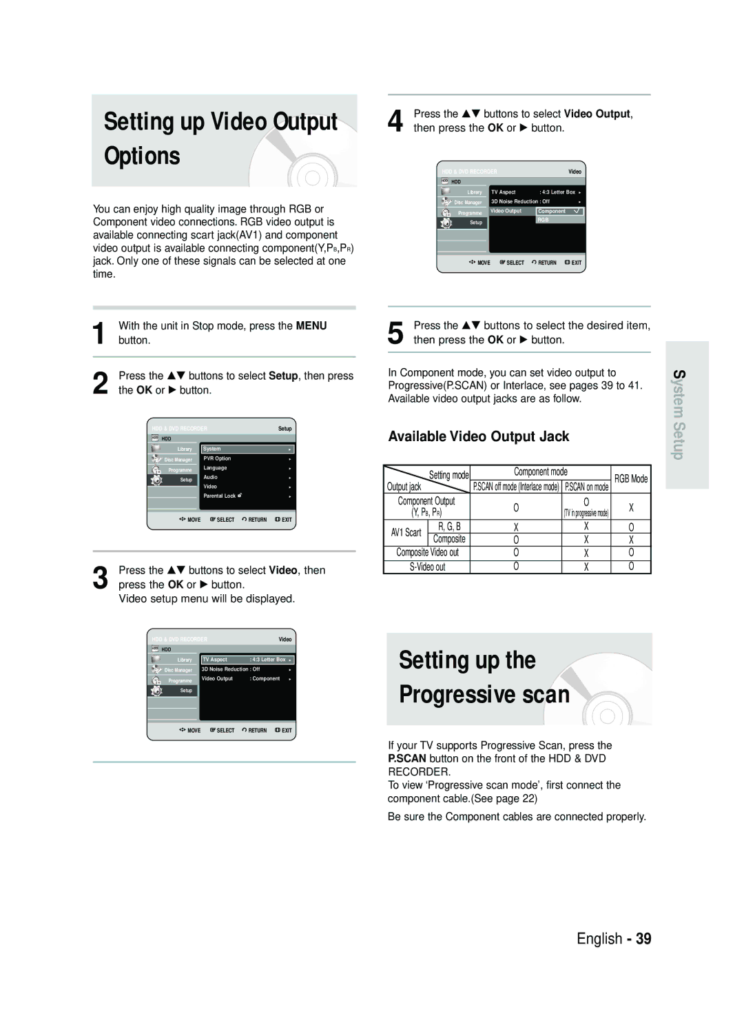 Samsung DVD-HR730/EUR, DVD-HR734/EUR manual Setting up Progressive scan, Available Video Output Jack, Component mode 