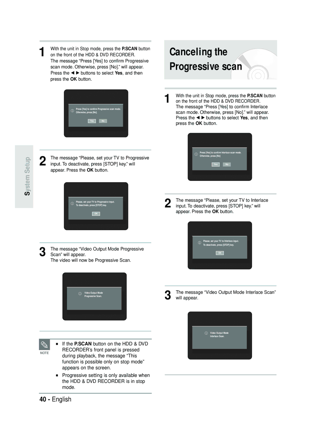 Samsung DVD-HR734/EUR, DVD-HR730/EUR manual Canceling Progressive scan 