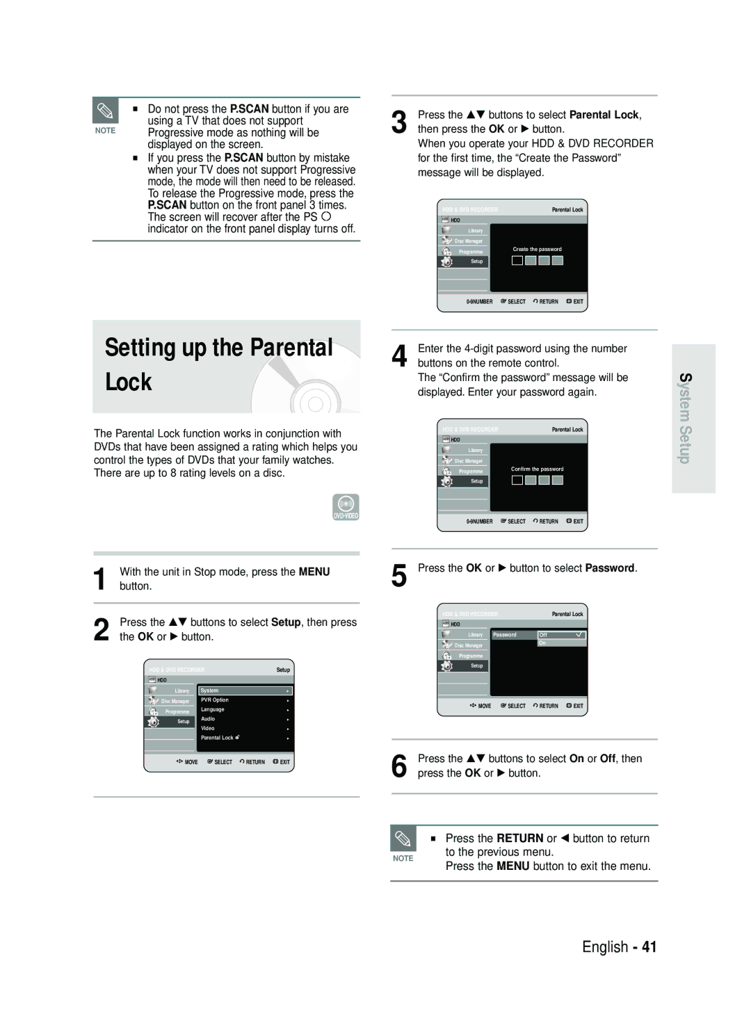 Samsung DVD-HR730/EUR, DVD-HR734/EUR manual Setting up the Parental Lock 