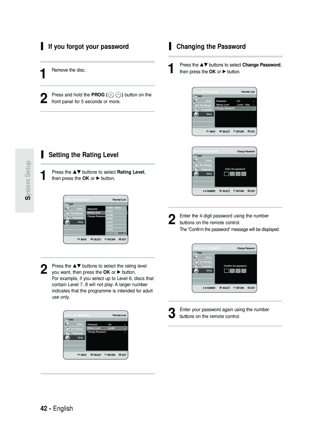 Samsung DVD-HR734/EUR, DVD-HR730/EUR System, If you forgot your password, Setting the Rating Level, Changing the Password 