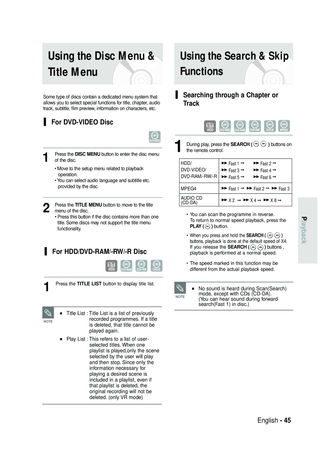 Samsung DVD-HR730/EUR, DVD-HR734/EUR manual Title Menu, Functions, For DVD-VIDEO Disc, For HDD/DVD-RAM/-RW/-R Disc 