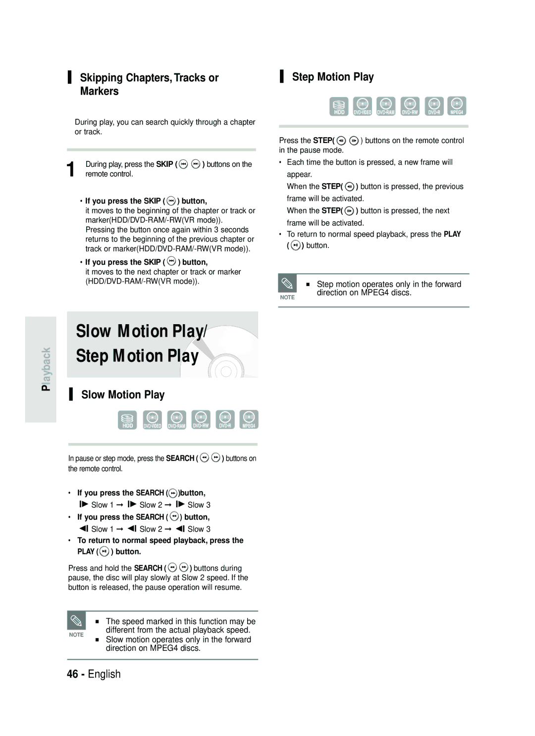 Samsung DVD-HR734/EUR, DVD-HR730/EUR manual Skipping Chapters, Tracks or, Markers, Slow Motion Play, Step Motion Play 