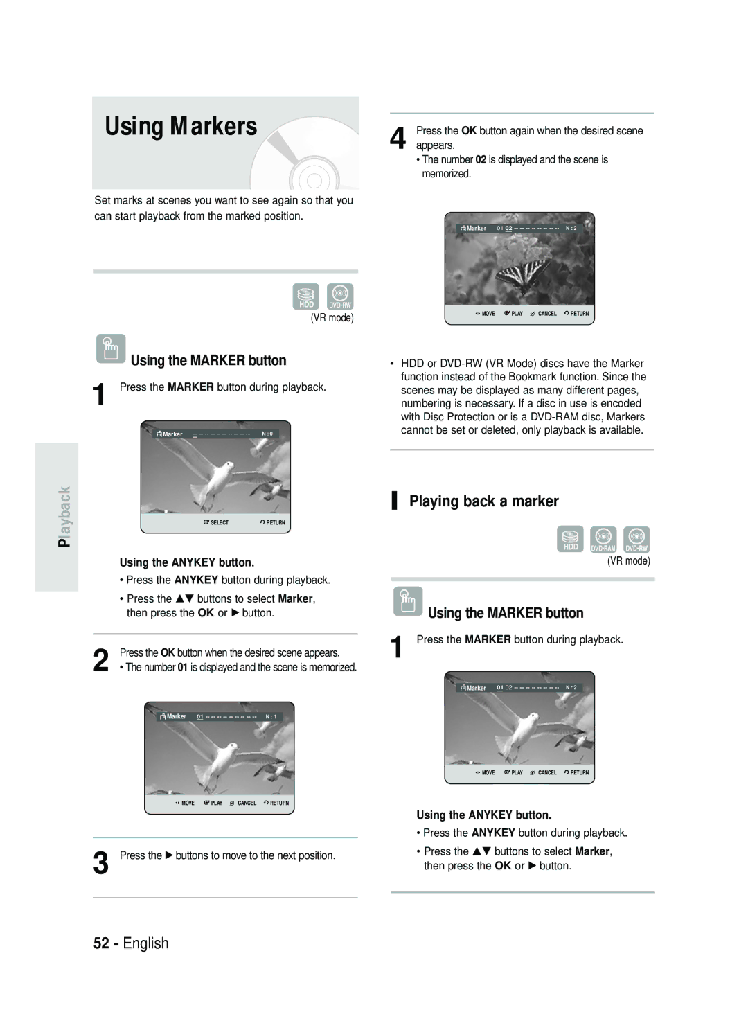 Samsung DVD-HR734/EUR, DVD-HR730/EUR manual Using Markers, LaybackP, Playing back a marker, Using the Marker button 