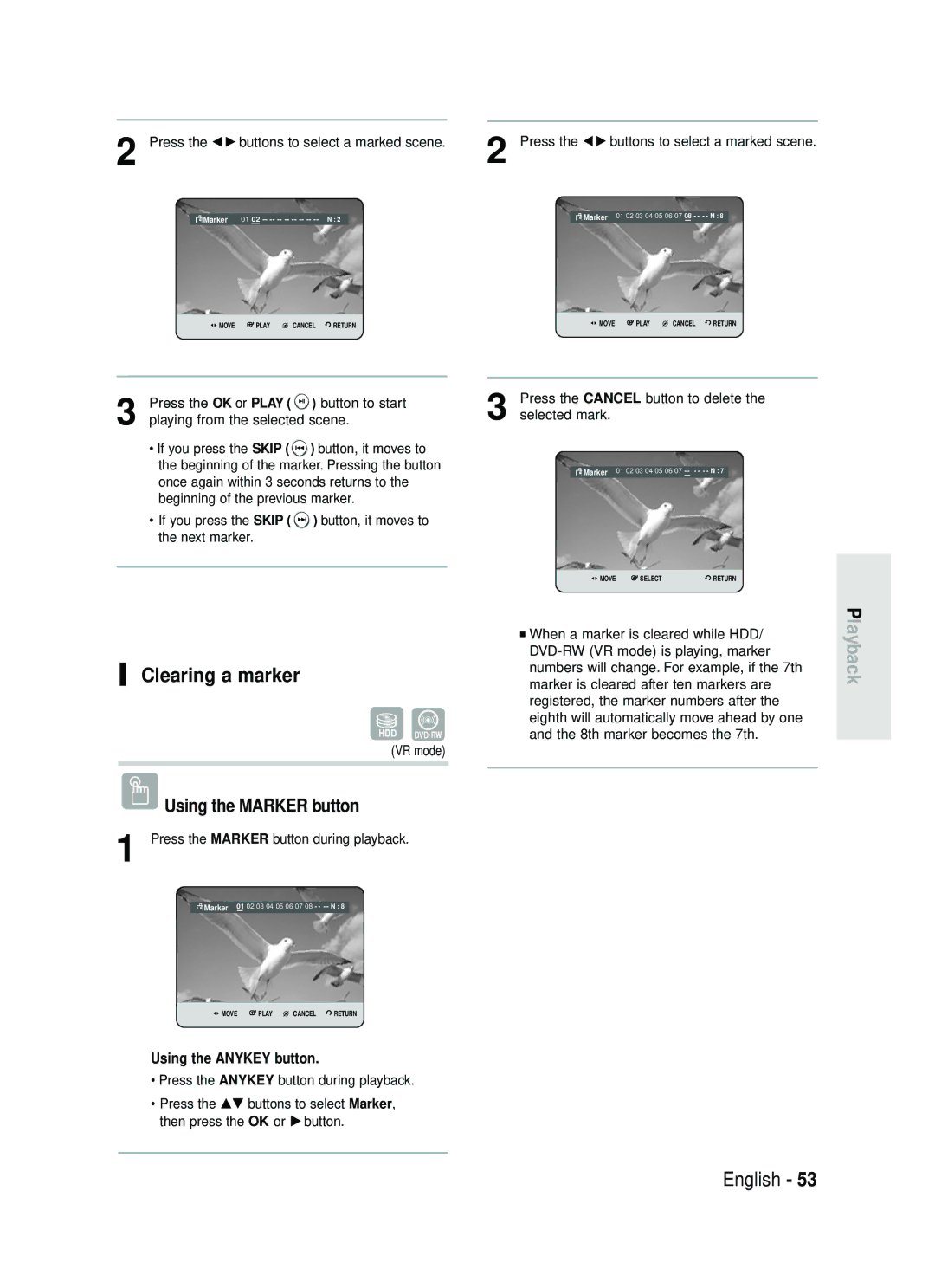 Samsung DVD-HR730/EUR, DVD-HR734/EUR manual Clearing a marker, Press the œ √ buttons to select a marked scene 