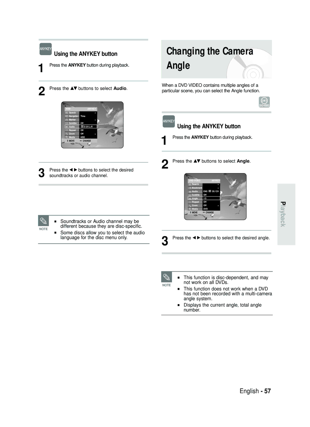 Samsung DVD-HR730/EUR Changing the Camera Angle, Soundtracks or Audio channel may be, Press the …† buttons to select Audio 