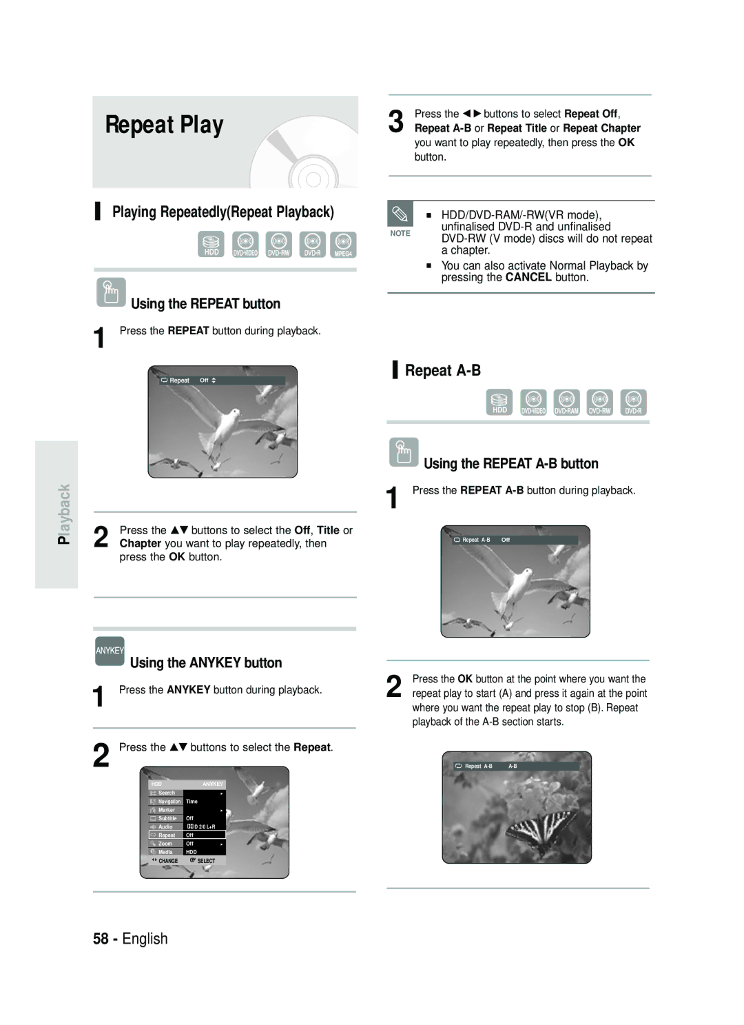 Samsung DVD-HR734/EUR, DVD-HR730/EUR manual Repeat A-B, Playing RepeatedlyRepeat Playback Using the Repeat button 