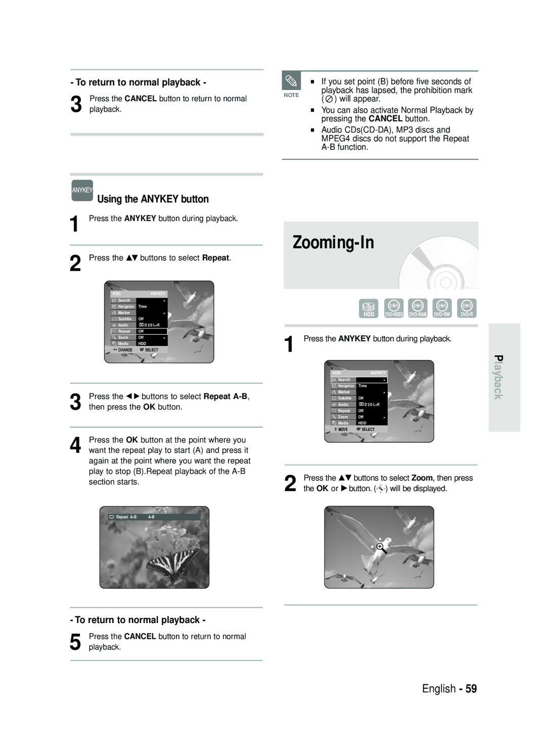 Samsung DVD-HR730/EUR, DVD-HR734/EUR manual Zooming-In, To return to normal playback 