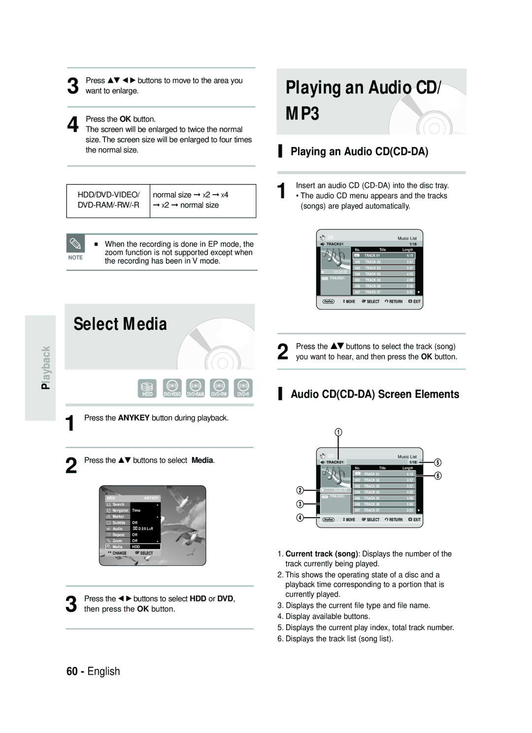 Samsung DVD-HR734/EUR Playing an Audio CD/ MP3, Select Media, Playing an Audio CDCD-DA, Audio CDCD-DA Screen Elements 