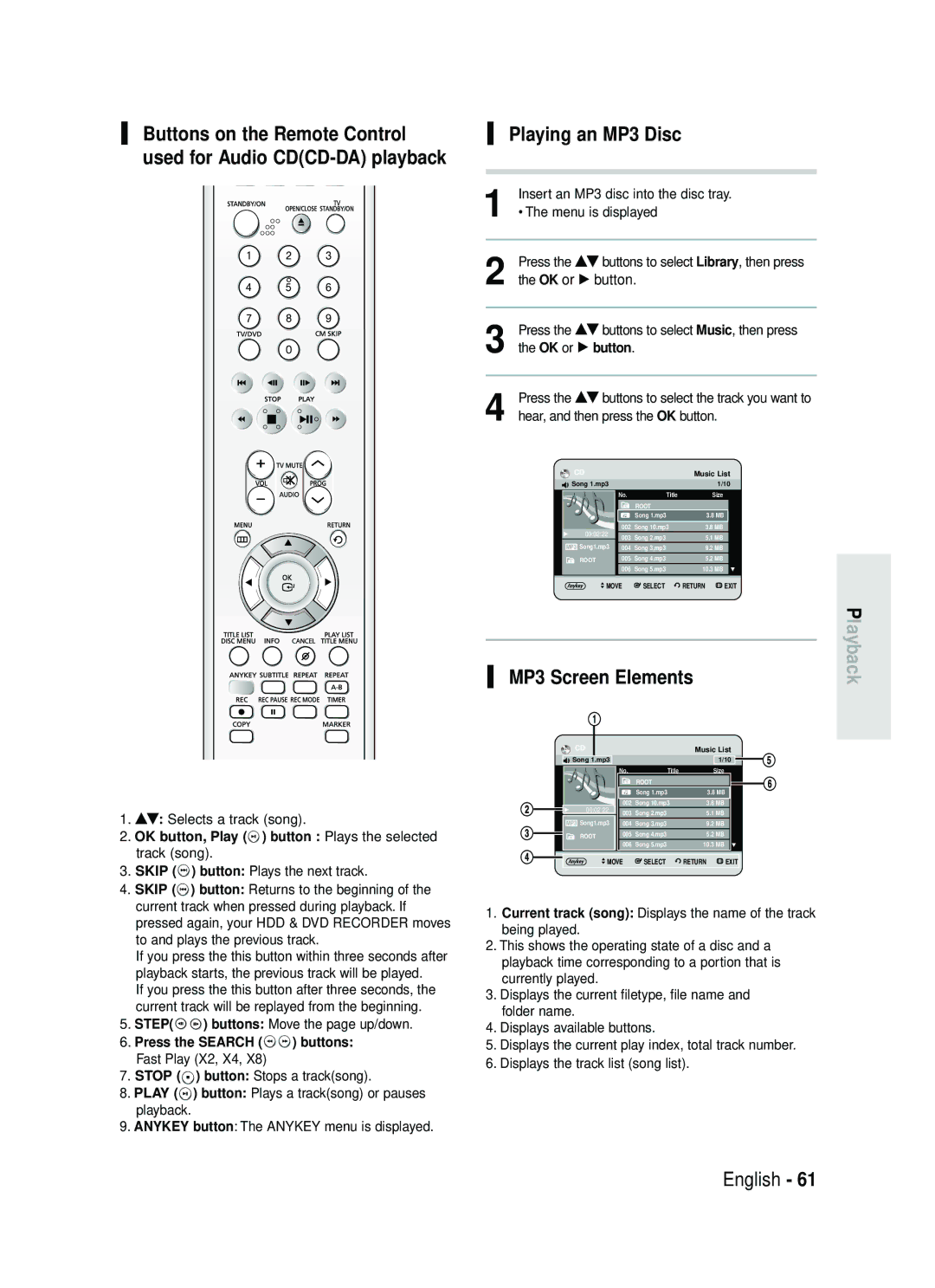 Samsung DVD-HR730/EUR OK button, Play button Plays the selected track song, Press the Search buttons Fast Play X2, X4 