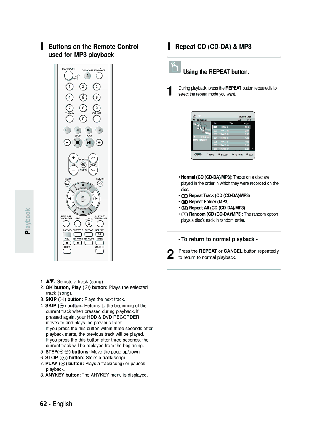 Samsung DVD-HR734/EUR, DVD-HR730/EUR manual Repeat CD CD-DA & MP3, Buttons on the Remote Control used for MP3 playback 