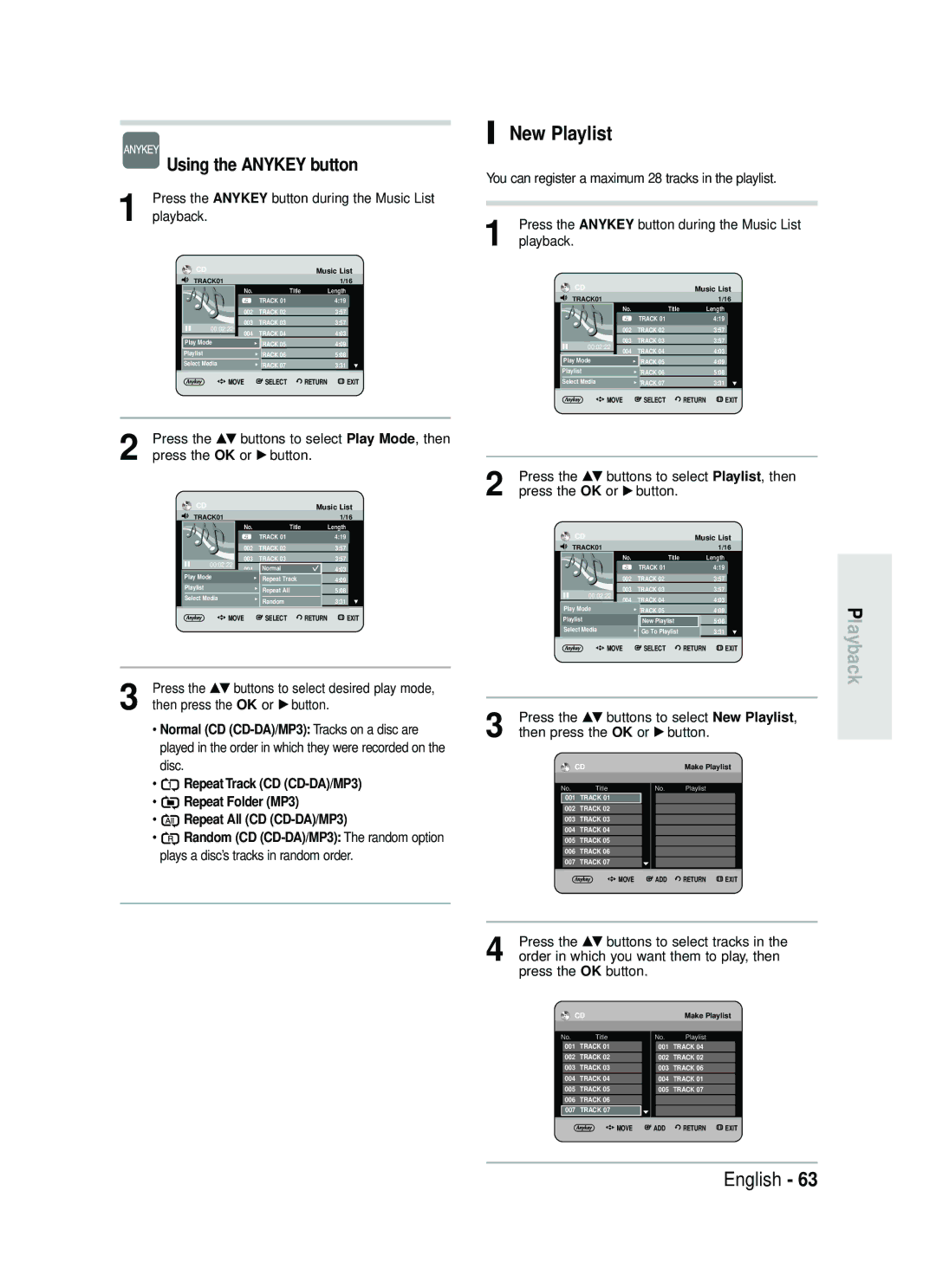 Samsung DVD-HR730/EUR, DVD-HR734/EUR manual New Playlist, Press the Anykey button during the Music List, Playback 