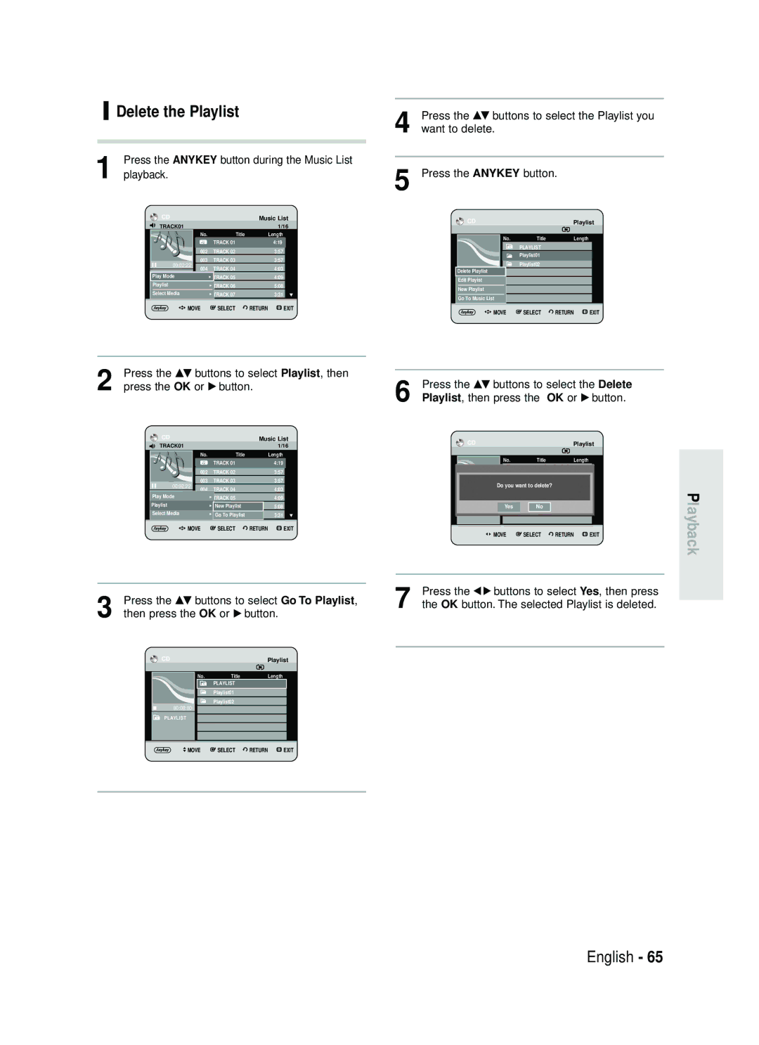 Samsung DVD-HR730/EUR, DVD-HR734/EUR manual Delete the Playlist, Press the …† buttons to select the Playlist you 