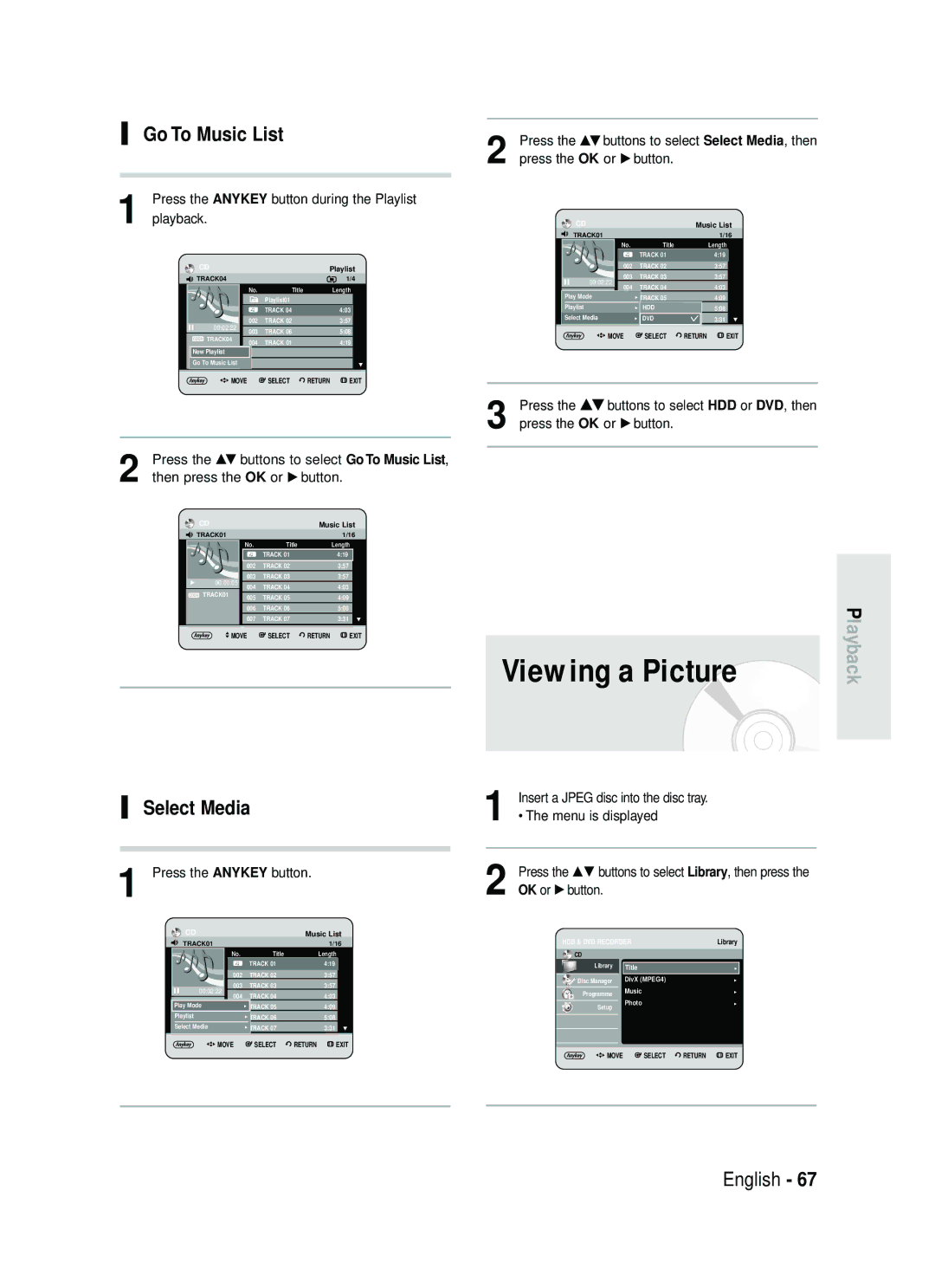 Samsung DVD-HR730/EUR Viewing a Picture, Select Media, Press the Anykey button, Insert a Jpeg disc into the disc tray 