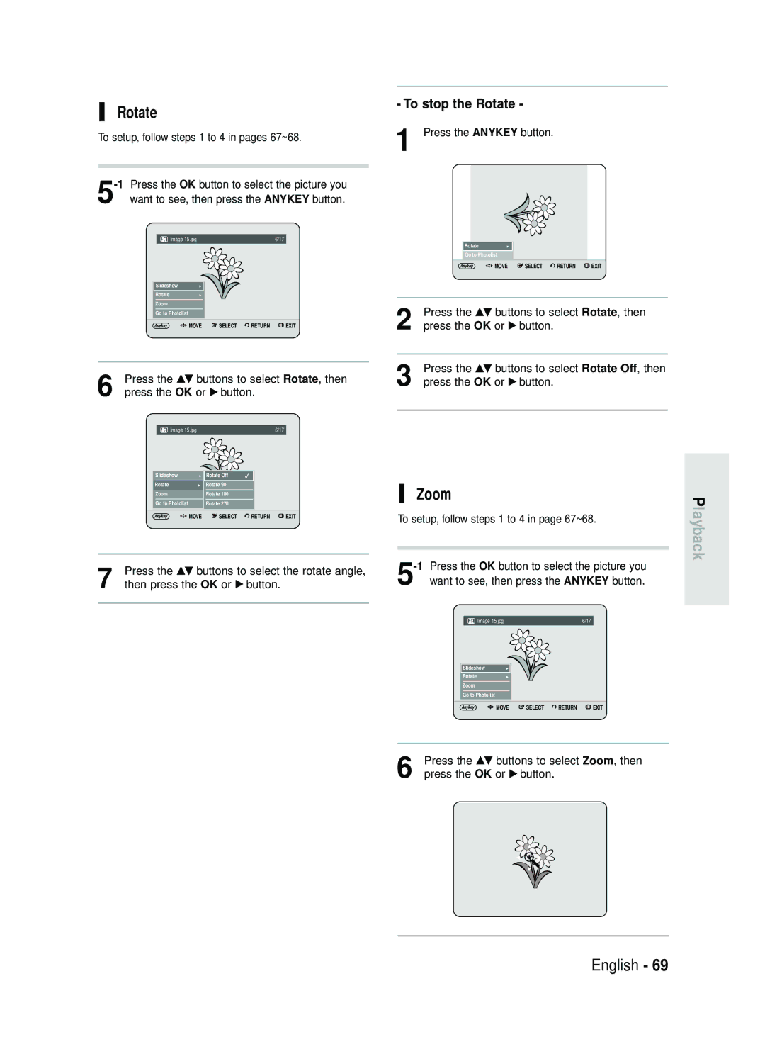 Samsung DVD-HR730/EUR, DVD-HR734/EUR manual Zoom, To stop the Rotate, Press the …† buttons to select Rotate, then 