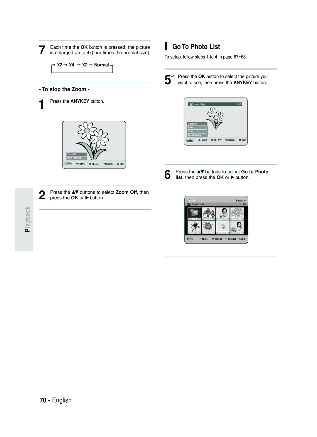 Samsung DVD-HR734/EUR, DVD-HR730/EUR manual Go To Photo List, To stop the Zoom, X2 X4 X2 Normal 