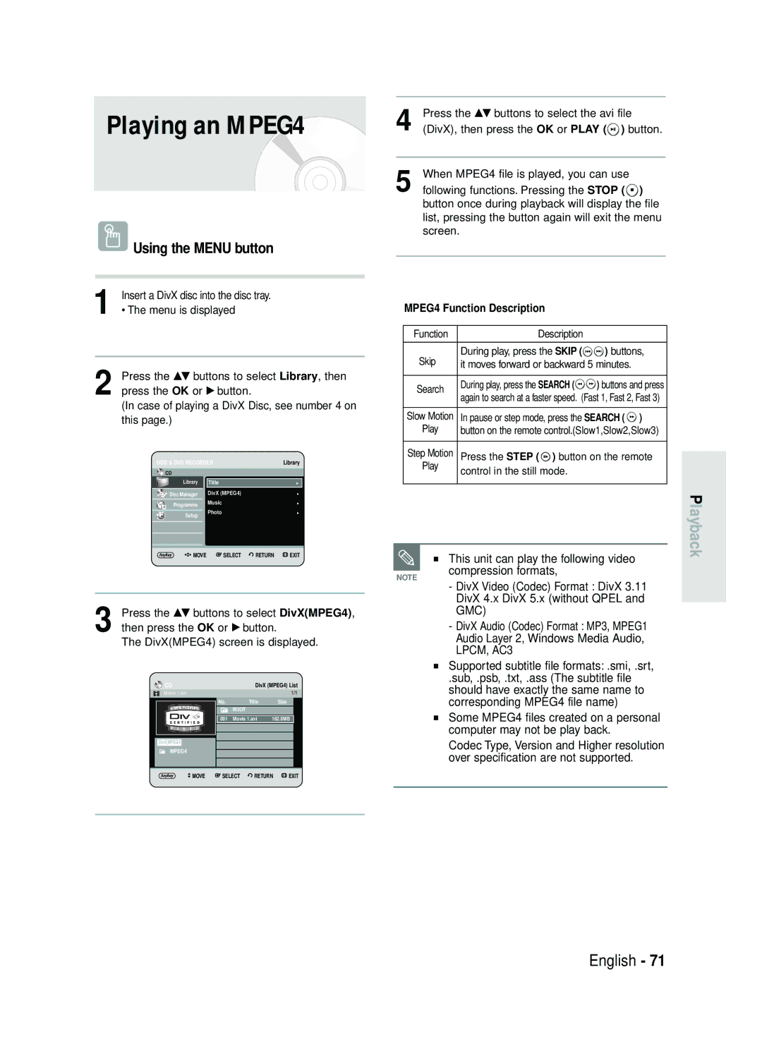 Samsung DVD-HR730/EUR Playing an MPEG4, Using the Menu button, This unit can play the following video, Compression formats 