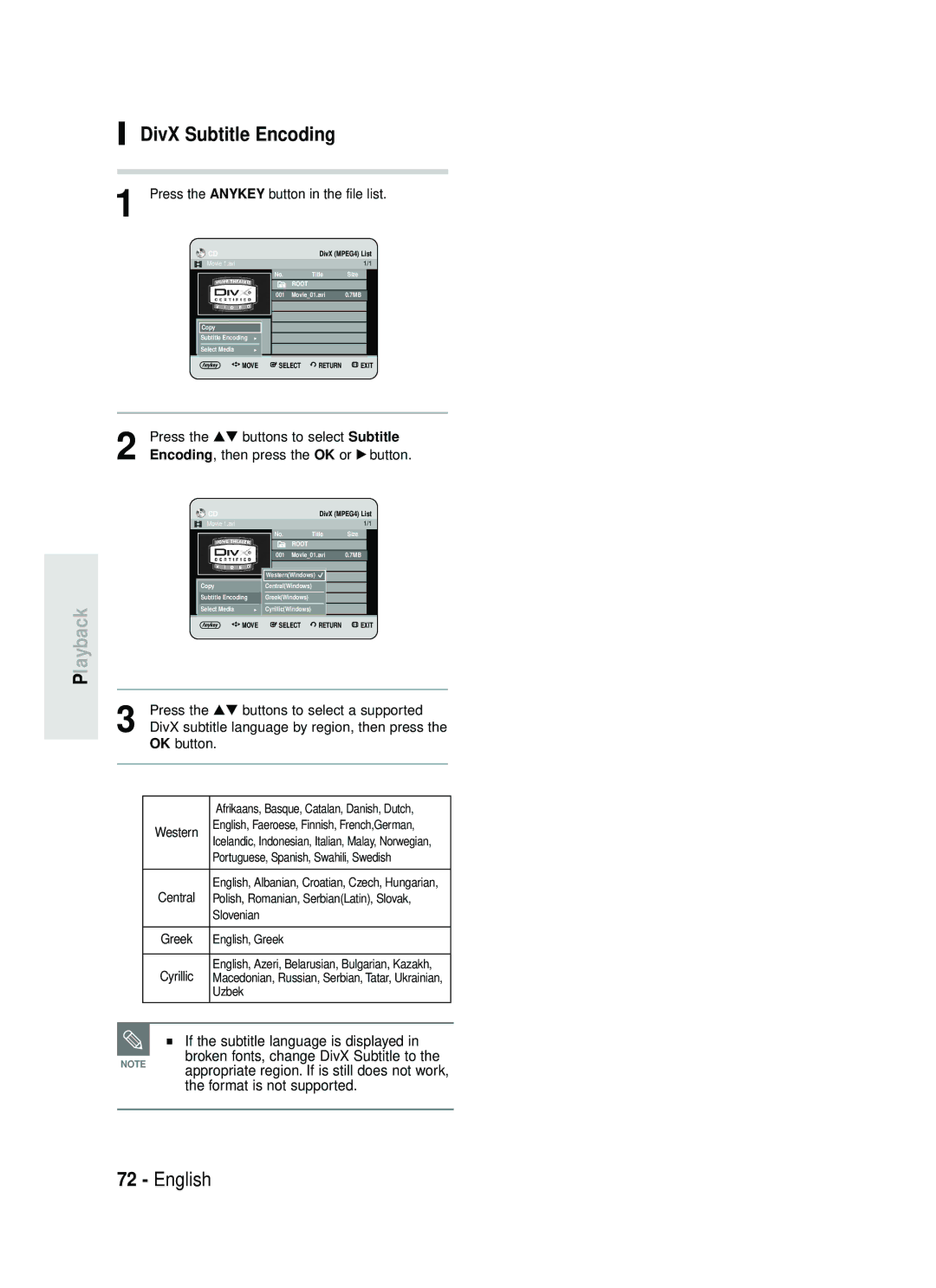 Samsung DVD-HR734/EUR DivX Subtitle Encoding, If the subtitle language is displayed, Broken fonts, change DivX Subtitle to 