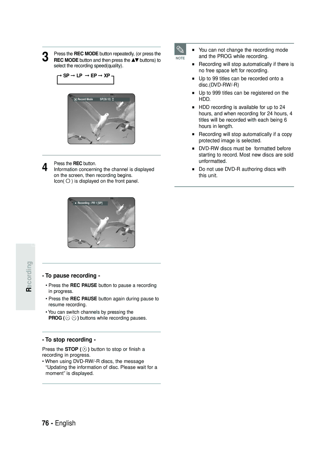 Samsung DVD-HR734/EUR, DVD-HR730/EUR manual Recording, To pause recording, To stop recording 