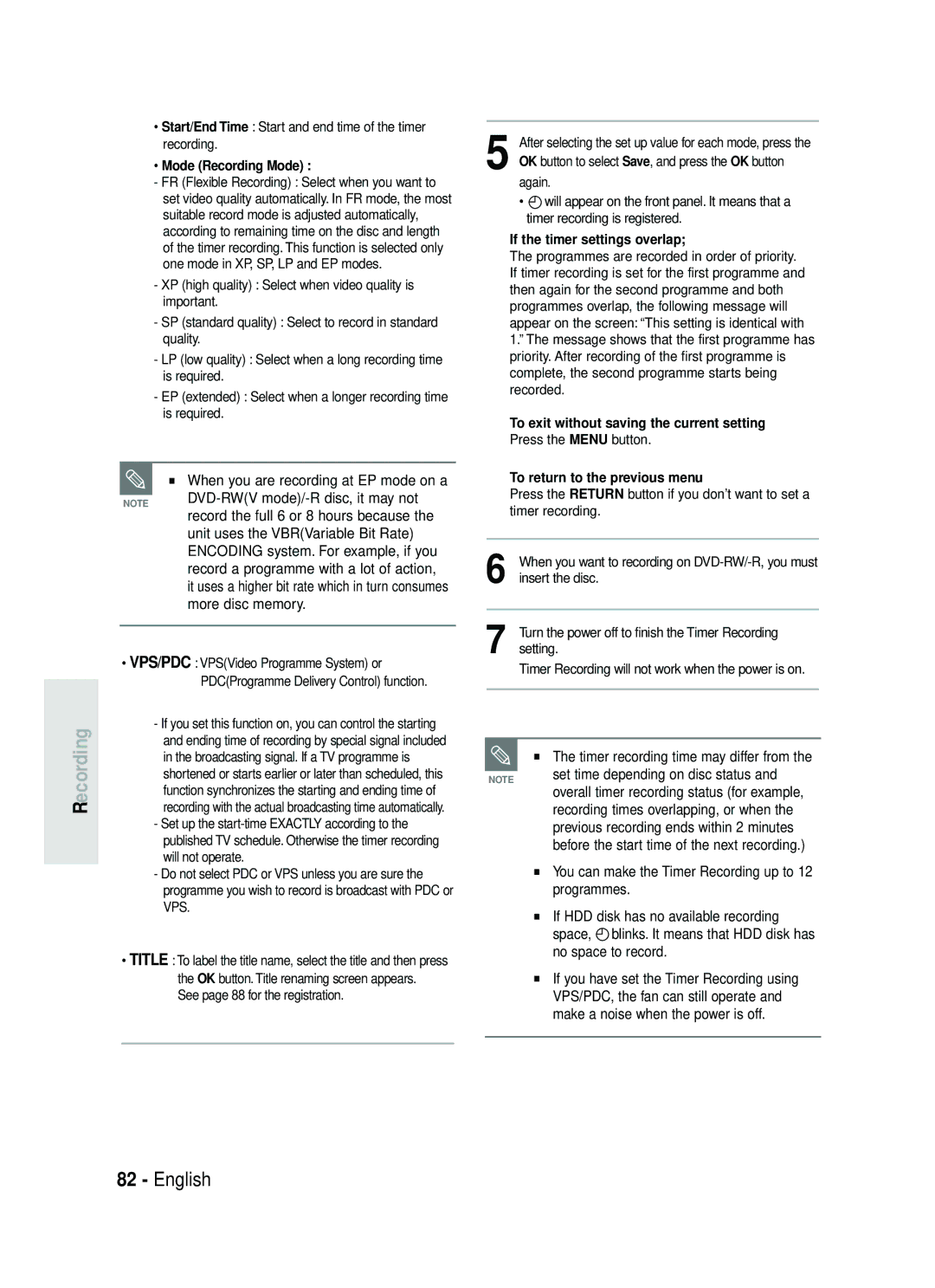 Samsung DVD-HR734/EUR, DVD-HR730/EUR manual More disc memory, Timer recording time may differ from, Mode Recording Mode 