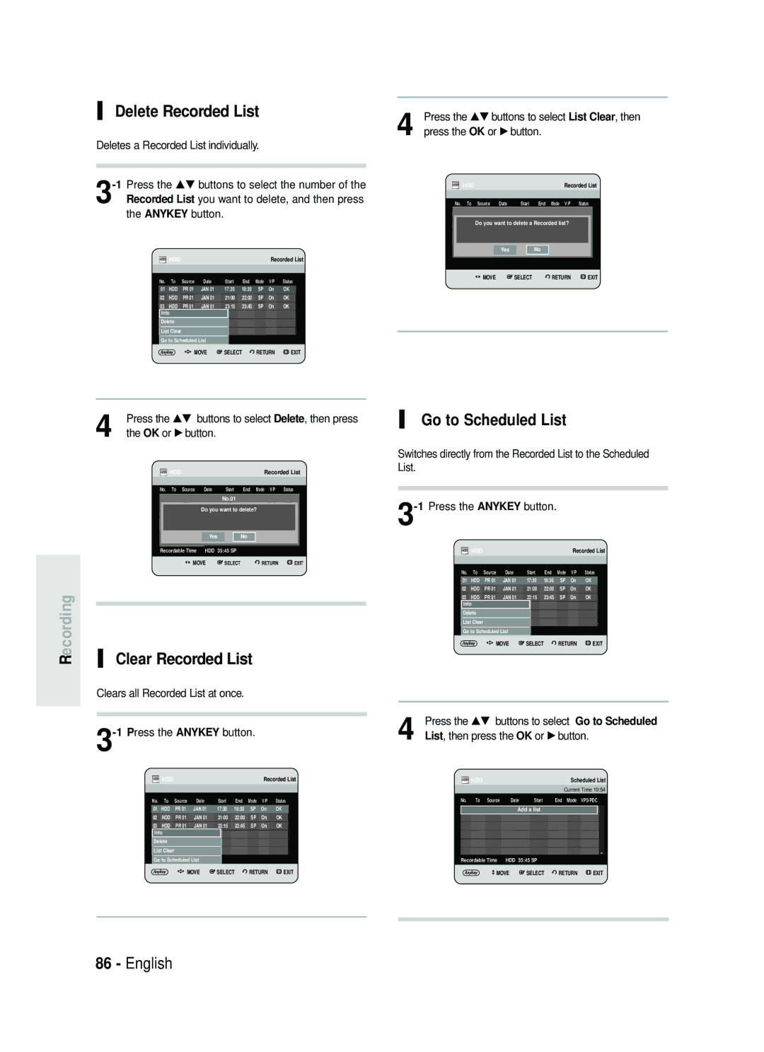 Samsung DVD-HR734/EUR, DVD-HR730/EUR manual Delete Recorded List, Clear Recorded List, Go to Scheduled List 