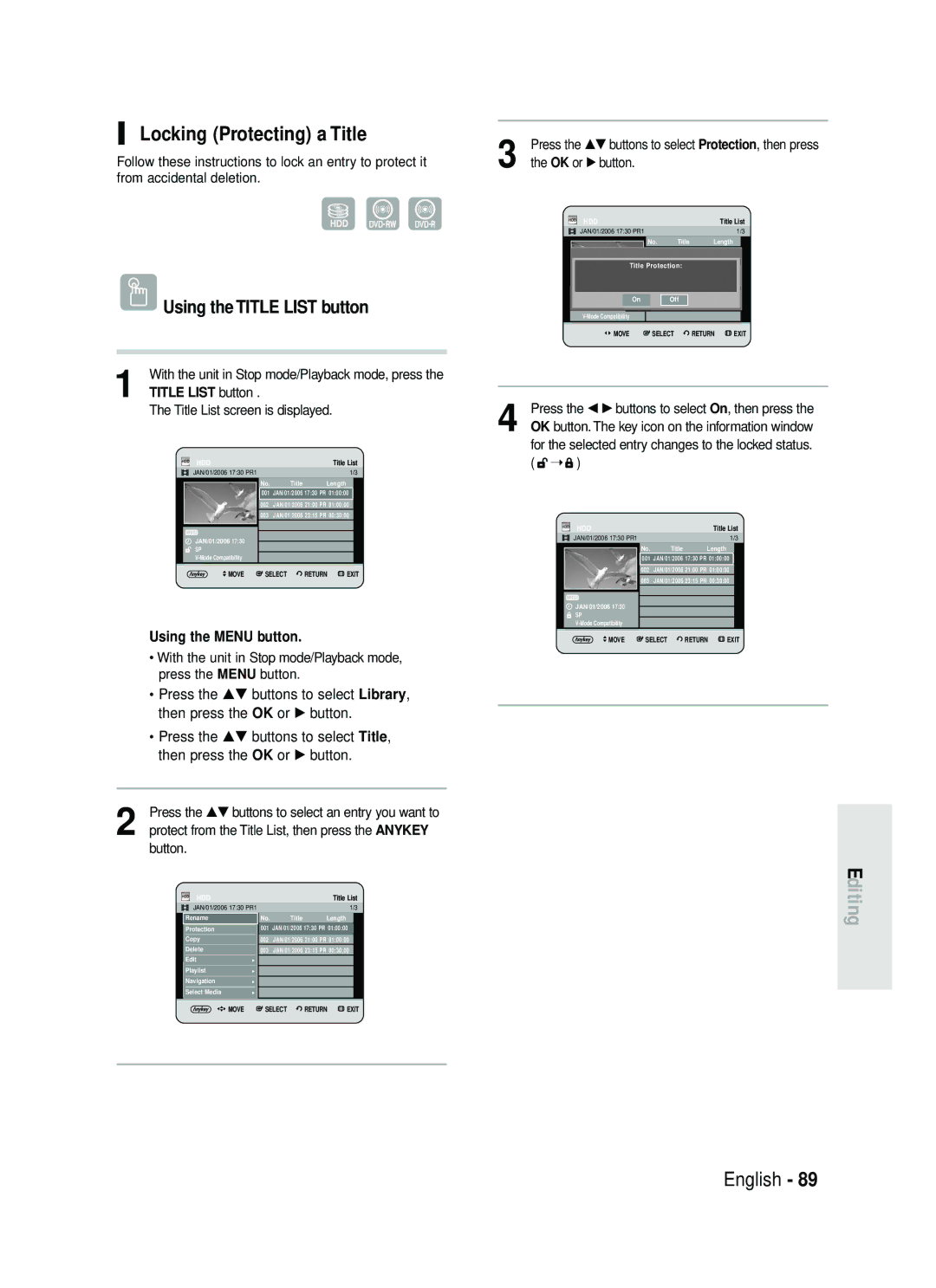 Samsung DVD-HR730/EUR, DVD-HR734/EUR manual Locking Protecting a Title 