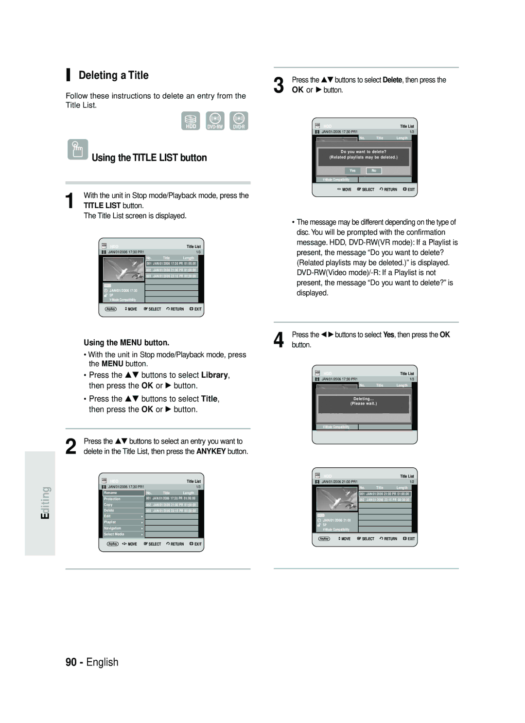 Samsung DVD-HR734/EUR, DVD-HR730/EUR manual Diting, Deleting a Title 