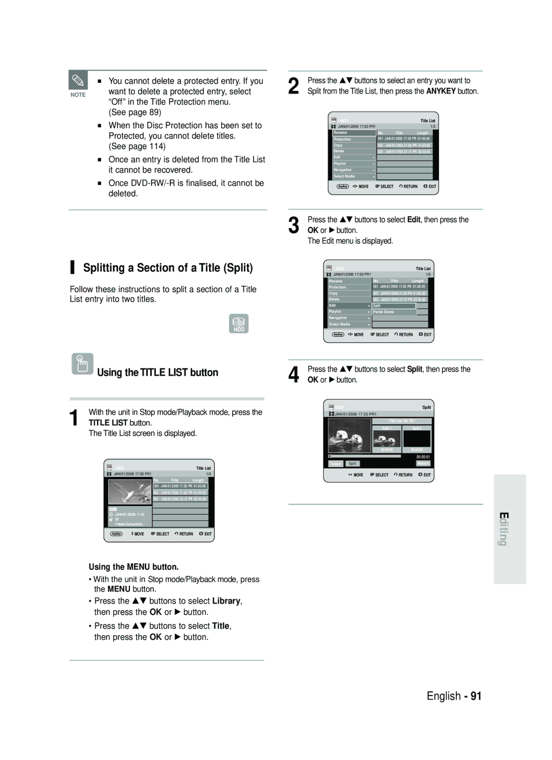 Samsung DVD-HR730/EUR, DVD-HR734/EUR Splitting a Section of a Title Split, Want to delete a protected entry, select, See 