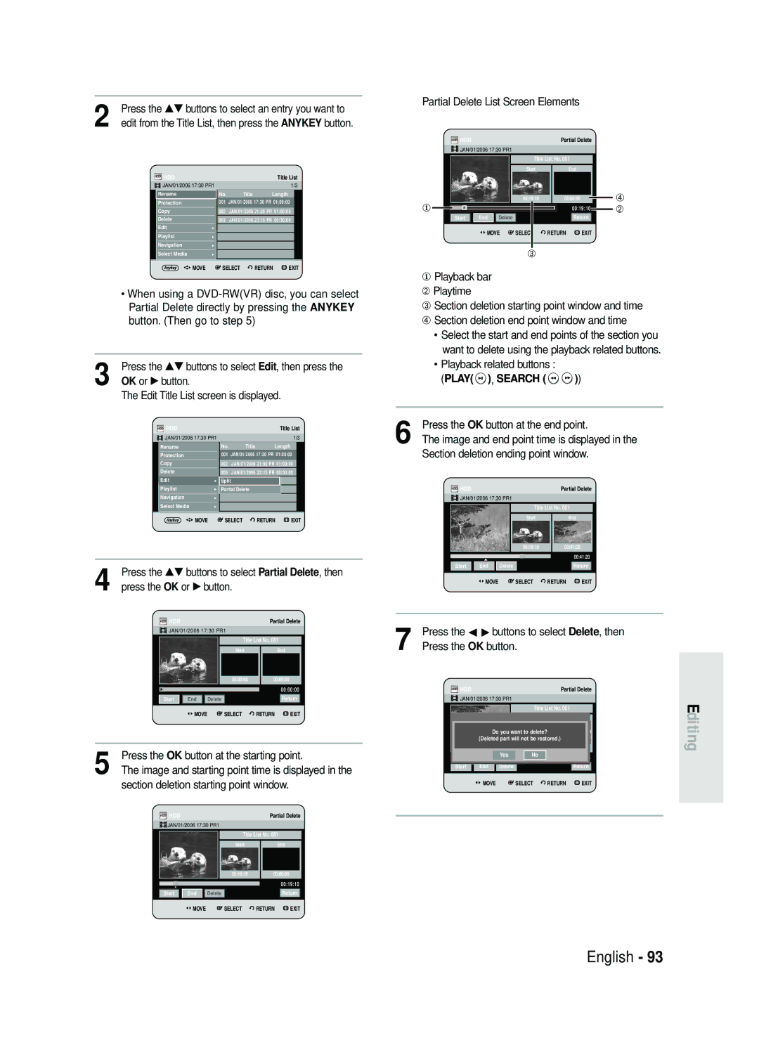 Samsung DVD-HR730/EUR, DVD-HR734/EUR manual Press the OK button at the starting point, Press the OK button at the end point 