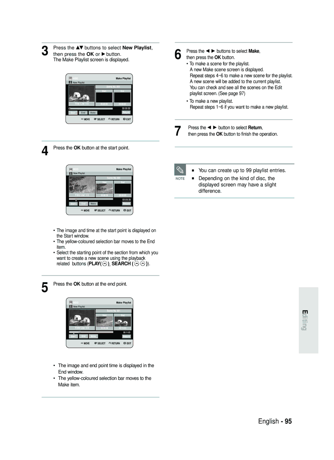 Samsung DVD-HR730/EUR, DVD-HR734/EUR You can create up to 99 playlist entries, Depending on the kind of disc, Difference 