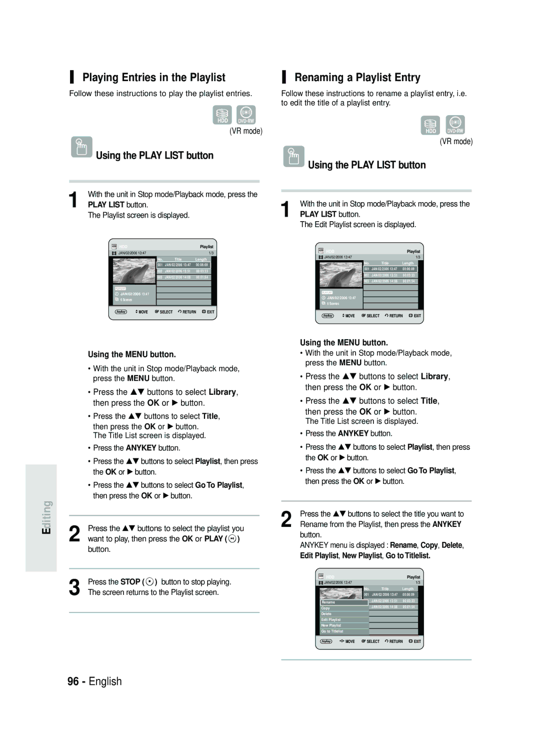 Samsung DVD-HR734/EUR manual Playing Entries in the Playlist, Renaming a Playlist Entry, Using the Play List button 