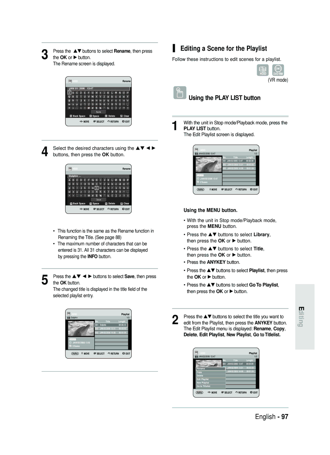 Samsung DVD-HR730/EUR, DVD-HR734/EUR manual Editing a Scene for the Playlist, OK button, Selected playlist entry 