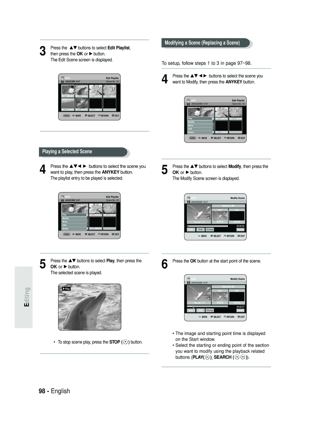 Samsung DVD-HR734/EUR manual To setup, follow steps 1 to 3 in page 97~98, OK or √ button Modify Scene screen is displayed 