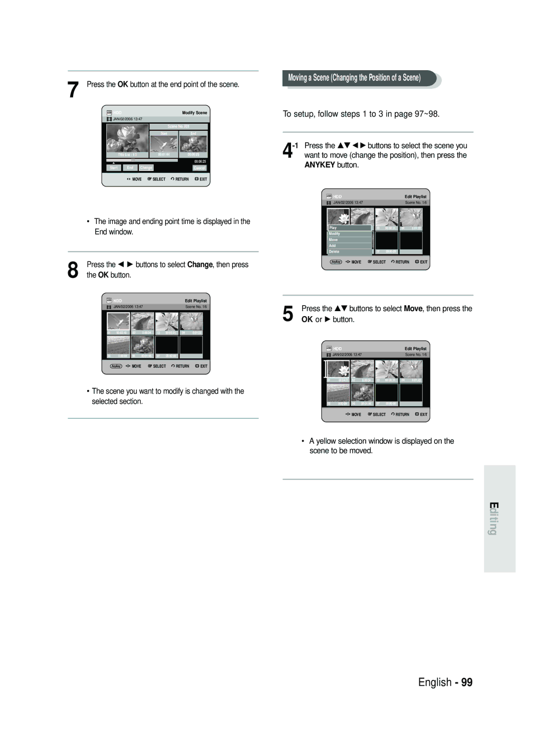 Samsung DVD-HR730/EUR Moving a Scene Changing the Position of a Scene, Press the OK button at the end point of the scene 