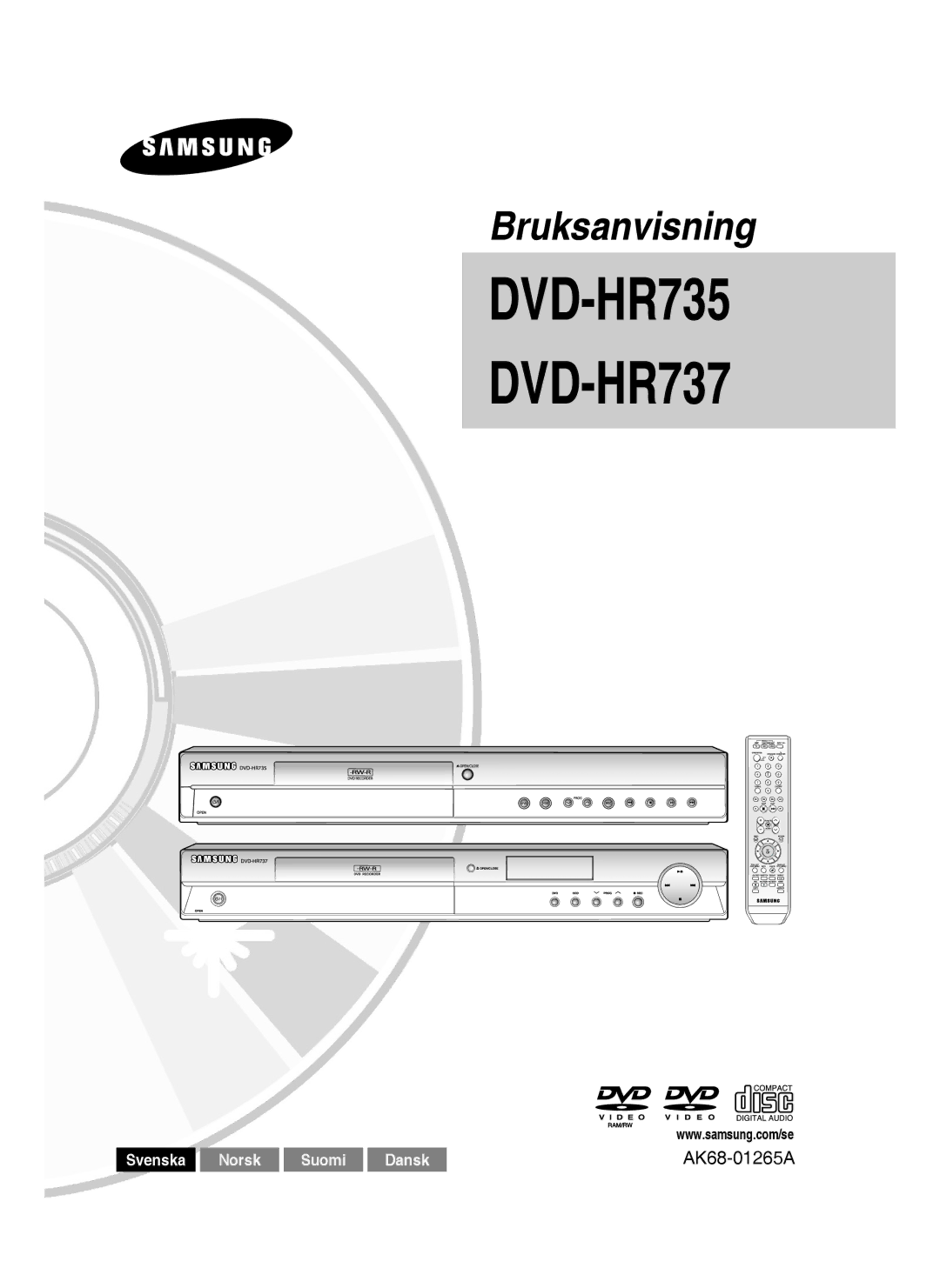 Samsung DVD-HR737/XEE, DVD-HR735/XEE, DVD-P390/XEE manual DVD-HR735 DVD-HR737, Svenska Norsk Suomi Dansk 