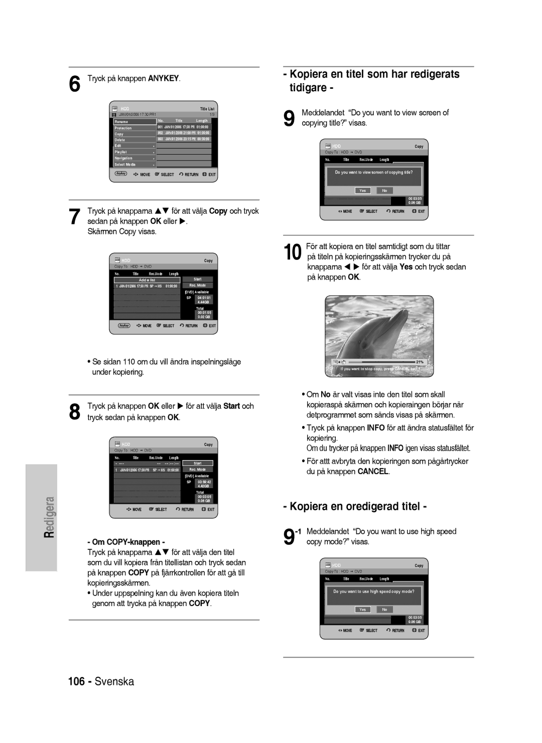 Samsung DVD-HR737/XEE manual Kopiera en titel som har redigerats tidigare, Kopiera en oredigerad titel, Om COPY-knappen 