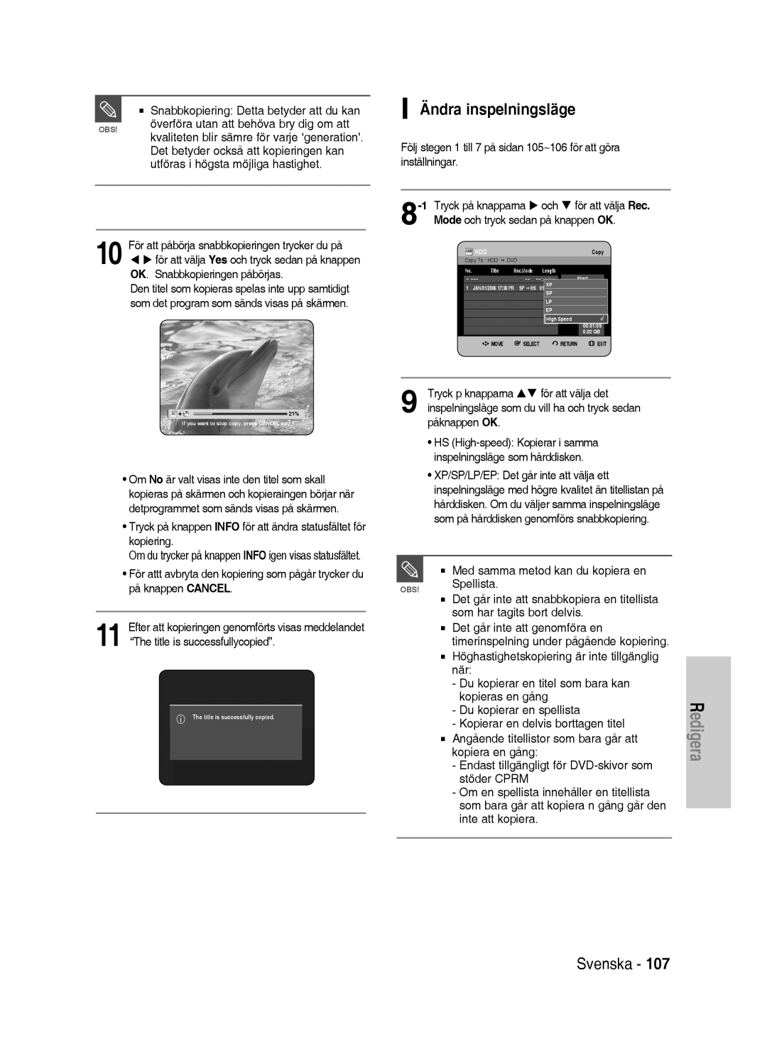 Samsung DVD-P390/XEE manual Ändra inspelningsläge, För att välja Rec, Mode och tryck sedan på knappen OK, För att välja det 