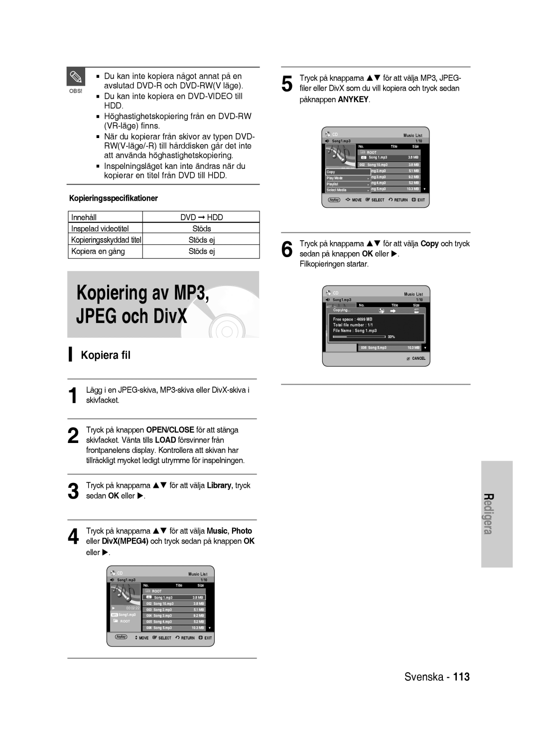 Samsung DVD-P390/XEE, DVD-HR735/XEE, DVD-HR737/XEE manual Kopiering av MP3 Jpeg och DivX, Kopiera fil 