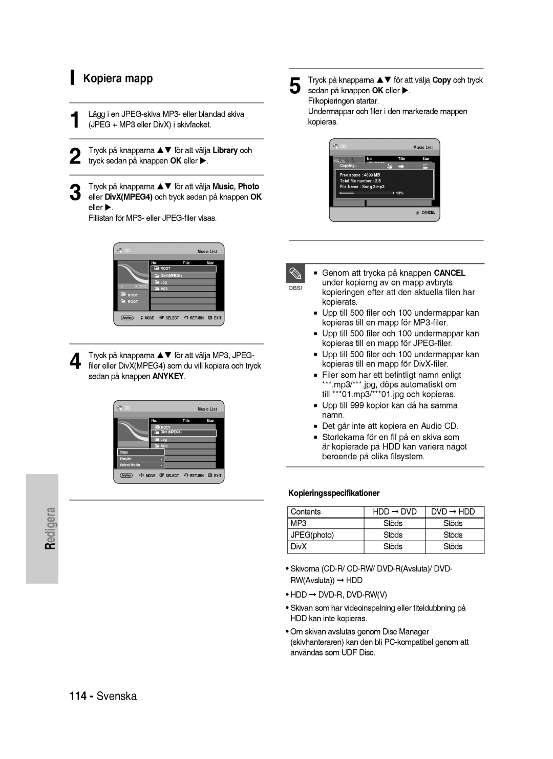 Samsung DVD-HR735/XEE, DVD-HR737/XEE, DVD-P390/XEE manual Kopiera mapp, Filkopieringen startar, Kopieras 