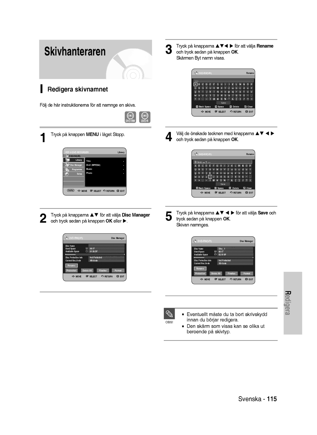 Samsung DVD-HR737/XEE, DVD-HR735/XEE, DVD-P390/XEE manual Skivhanteraren, Redigera skivnamnet, För att välja Save och 