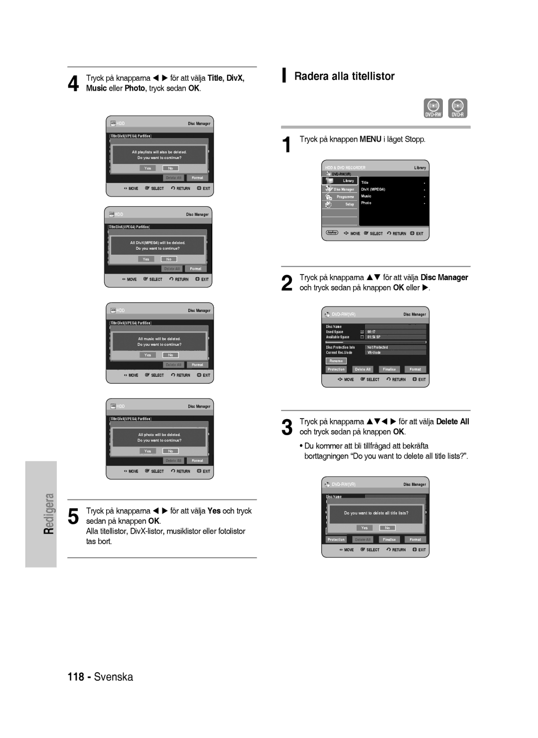 Samsung DVD-HR737/XEE, DVD-HR735/XEE, DVD-P390/XEE manual Radera alla titellistor 