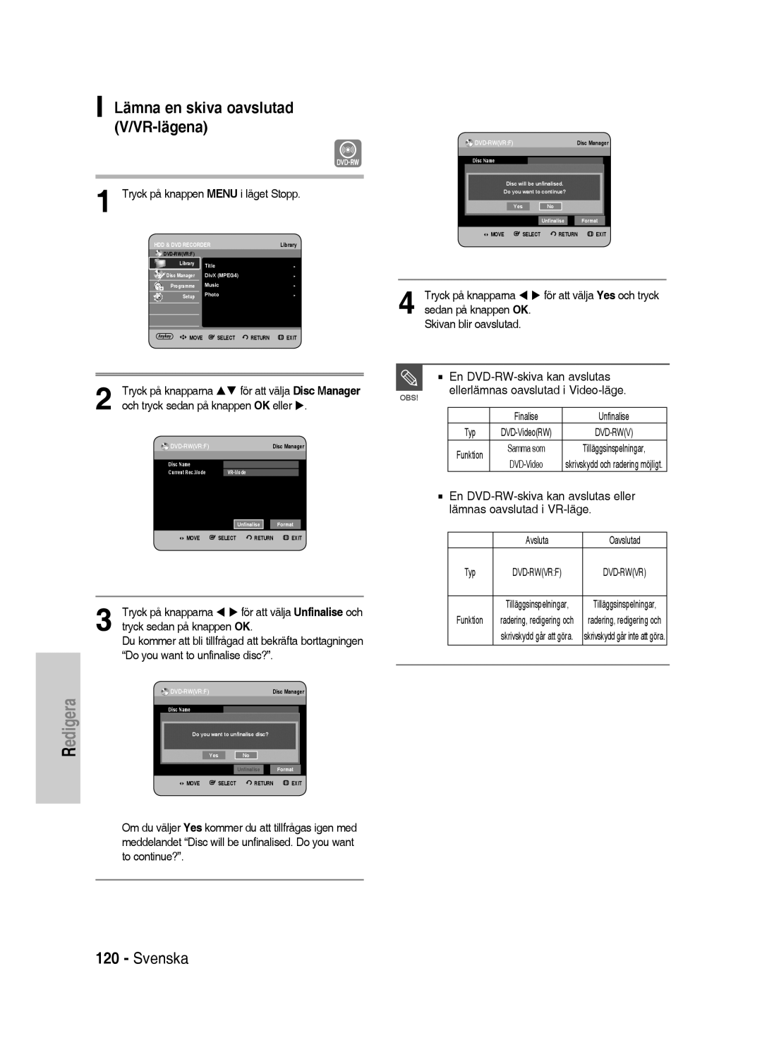 Samsung DVD-HR735/XEE, DVD-HR737/XEE, DVD-P390/XEE manual Lämna en skiva oavslutad V/VR-lägena, Dvd-Rwvrf 