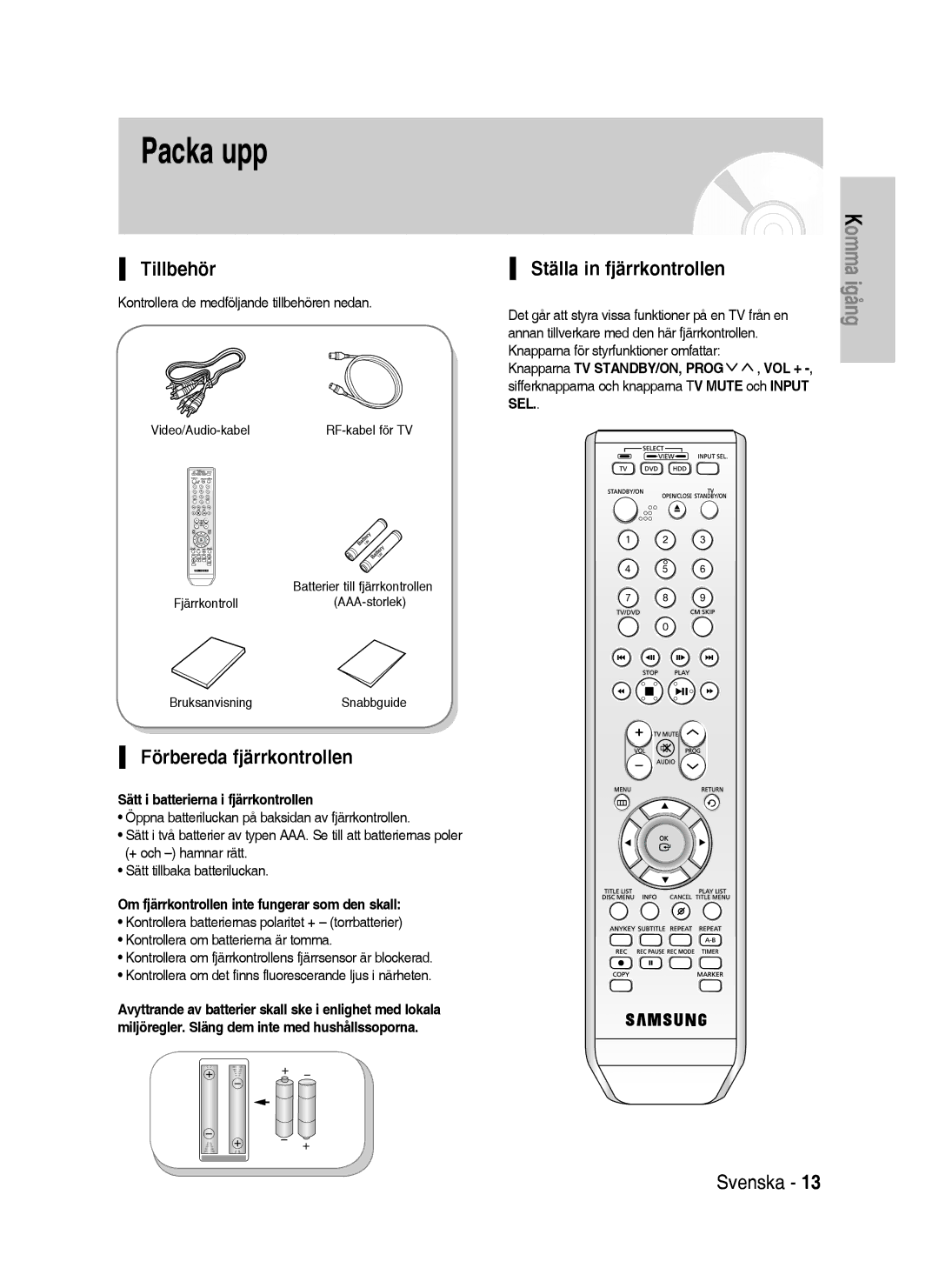 Samsung DVD-HR737/XEE, DVD-HR735/XEE manual Packa upp, Tillbehör, Förbereda fjärrkontrollen, Ställa in fjärrkontrollen 