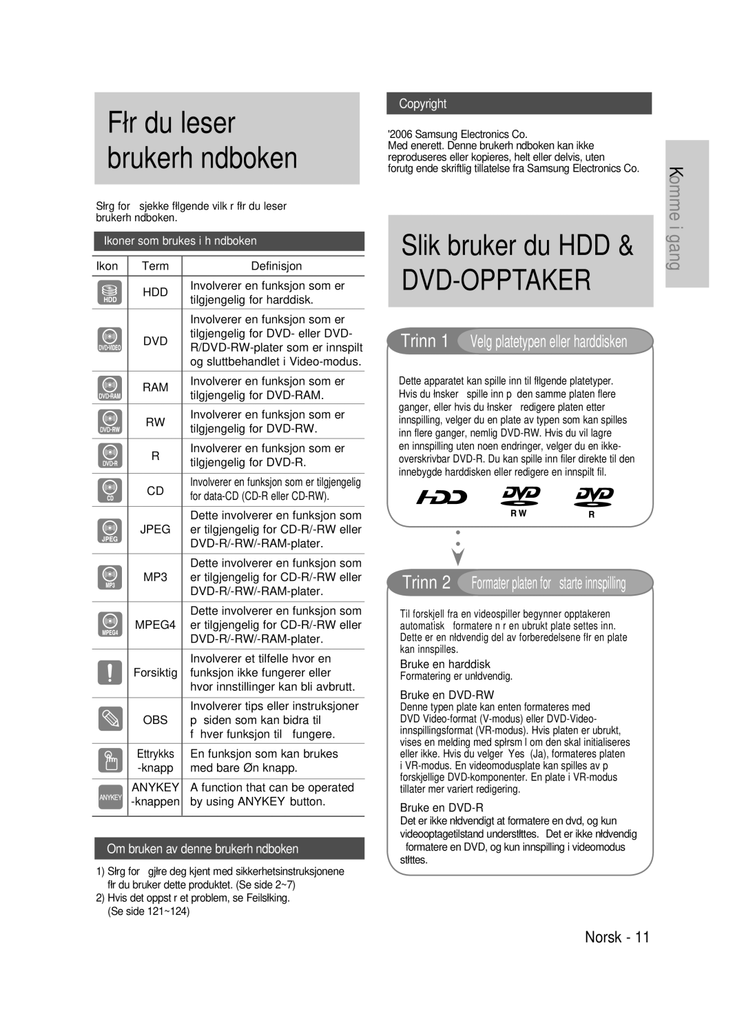 Samsung DVD-HR737/XEE manual Om bruken av denne brukerhåndboken, Copyright, Trinn 1 Velg platetypen eller harddisken 