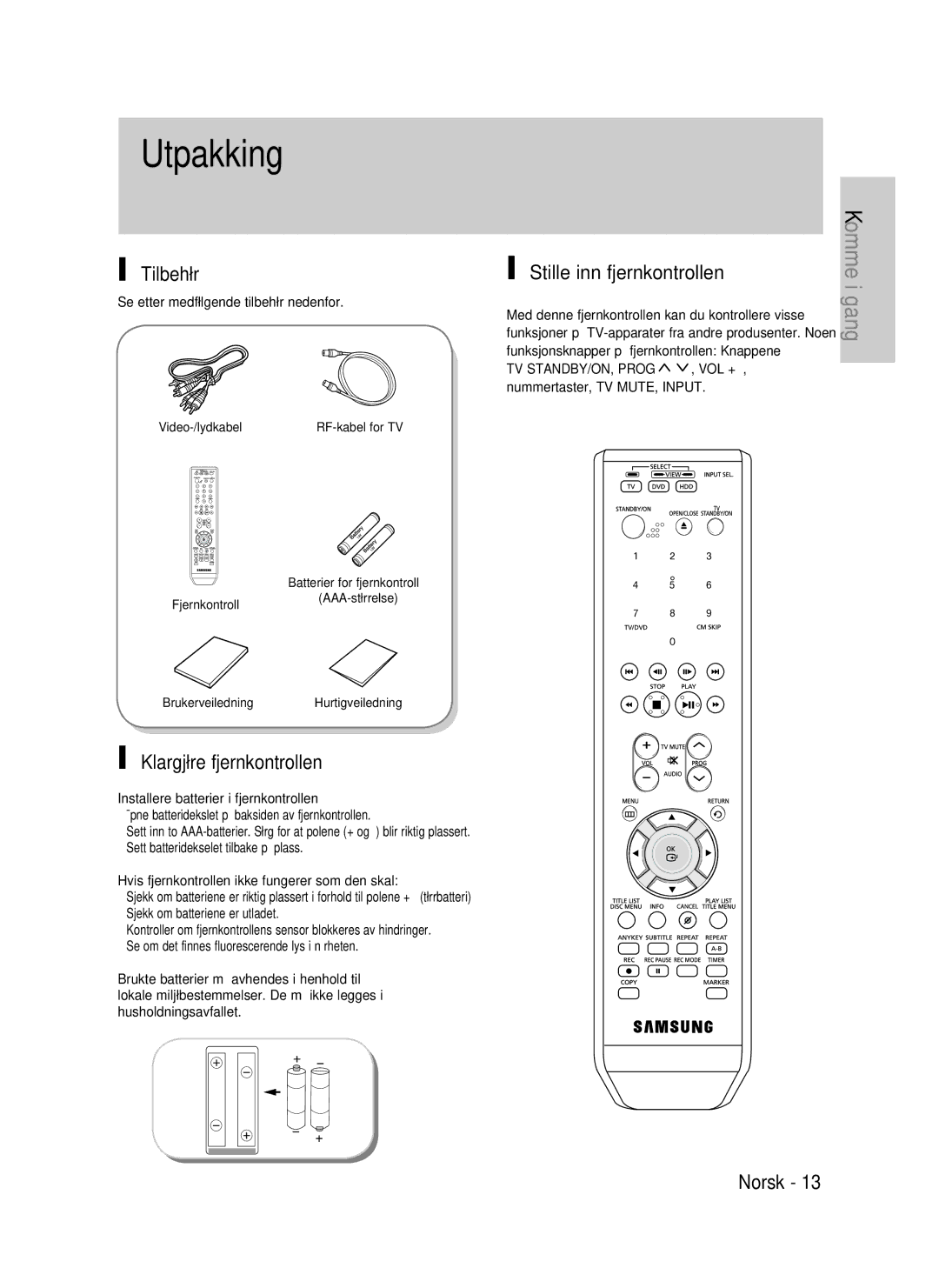 Samsung DVD-HR735/XEE, DVD-HR737/XEE, DVD-P390/XEE manual Tilbehør, Stille inn fjernkontrollen, Klargjøre fjernkontrollen 